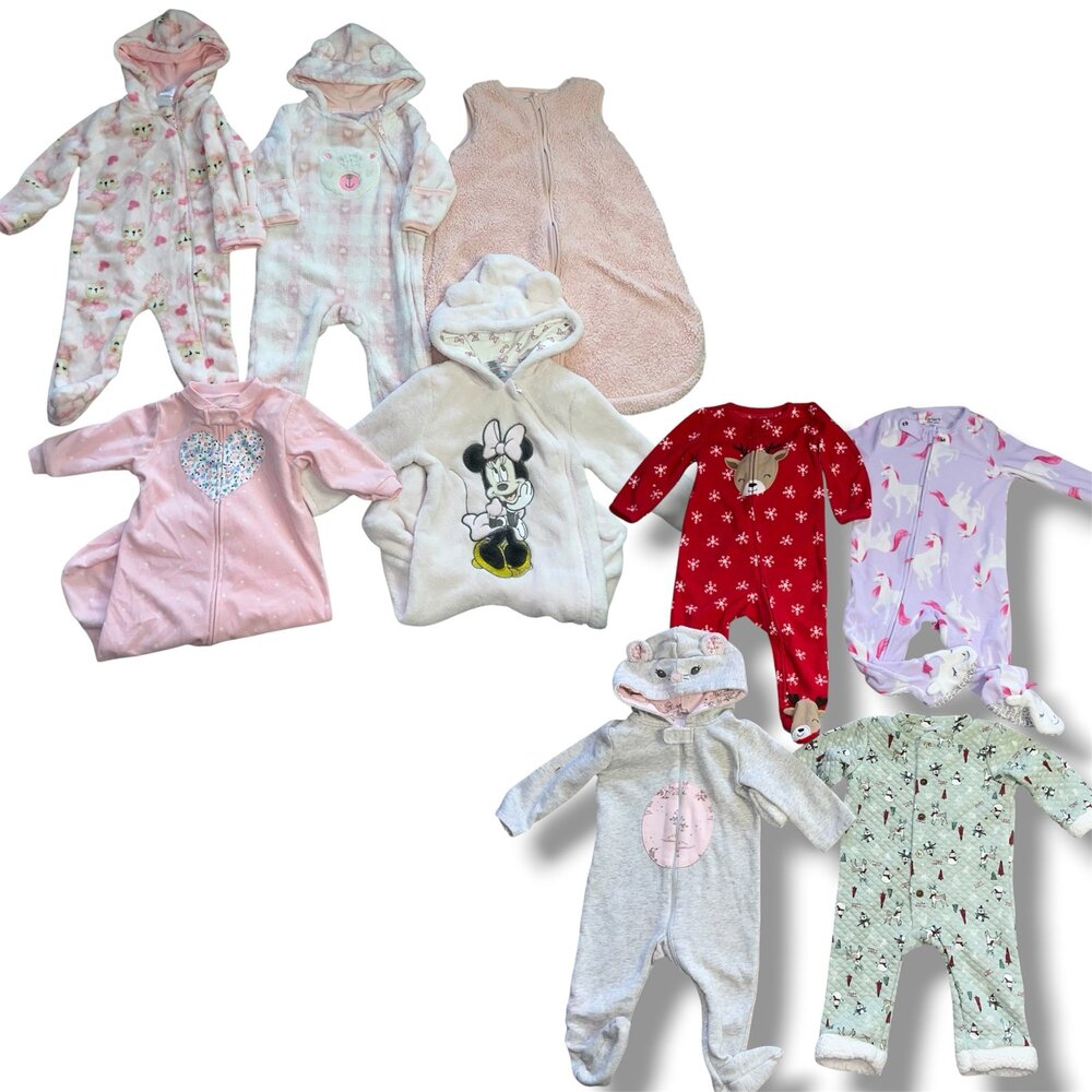 Mixed Brand Baby Girl Winter Sleepers & Rompers Lot (9 Items)